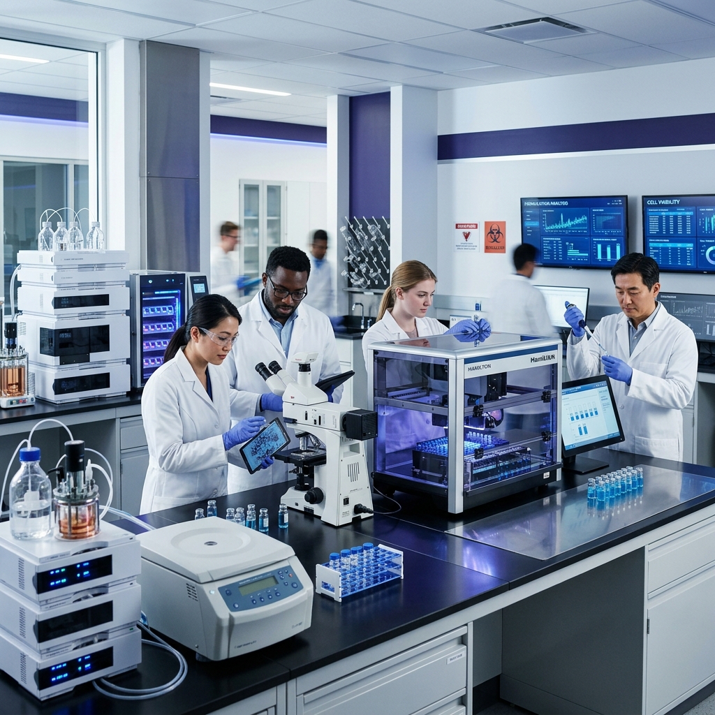 Scientists collaborating in lab